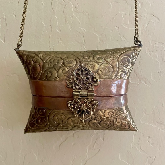 Handbags - Vintage Ornate mini Brass/Copper Pillow style evening bag handcrafted in India.